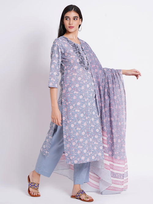 Mul Cotton 3-Piece Kurta Set with Beautiful Embroidery