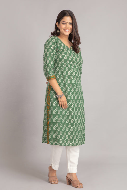 Mul Cotton Printed Long Kurti with Kantha Work