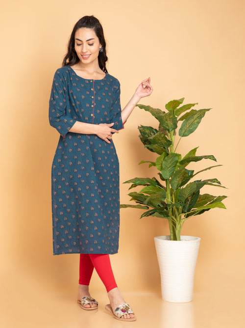 Printed Long Kurti with Fabric Trims