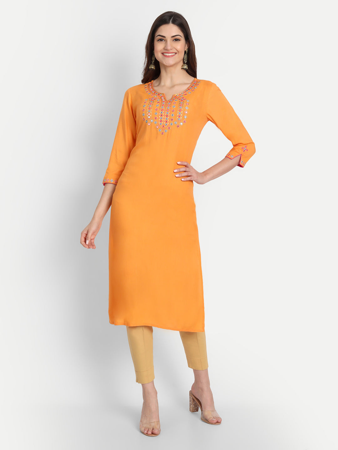 SUTI WOMEN RAYON EMBROIDERED MIRROR WORK STRAIGHT LONG KURTI