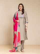 SILK BASE 3PC KURTA SET WITH SEQUENCE DETAIL PAIRED WITH DIGITAL PRINTED FLORAL DUPATTA