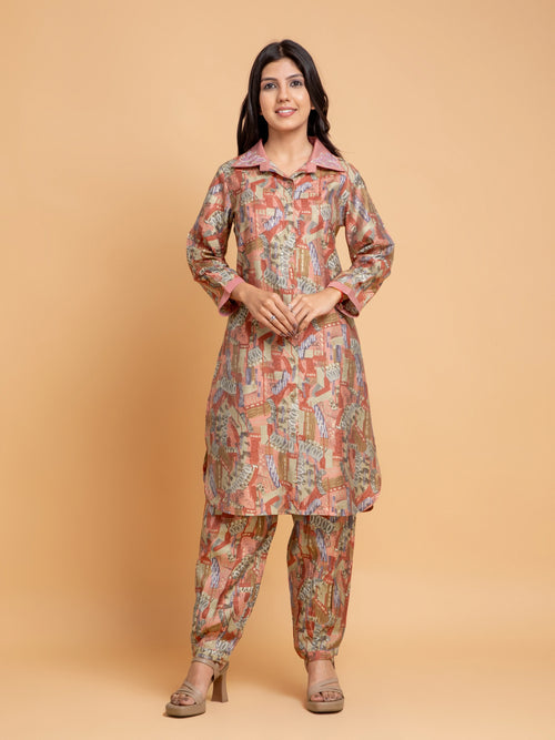 ABSTRACT PRINT 2PC CO-ORD SET WITH COLLAR EMBROIDERY