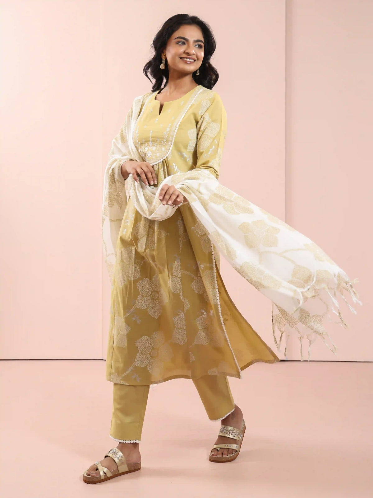 Women Pink Stripe mul-cotton-khadi-foil-printed-3pc-kurta-set