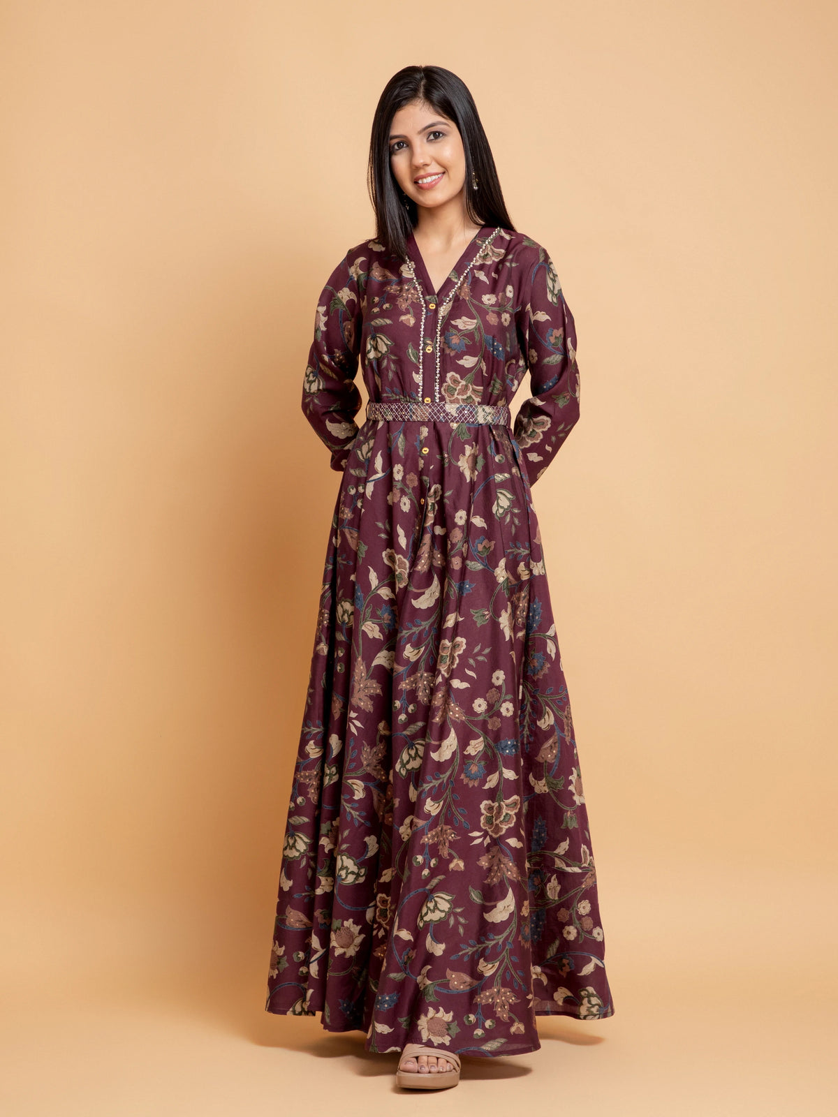 KALAMKARI PRINTED FLAIRED DRESS EMBELLISHED WITH ADDA WORK