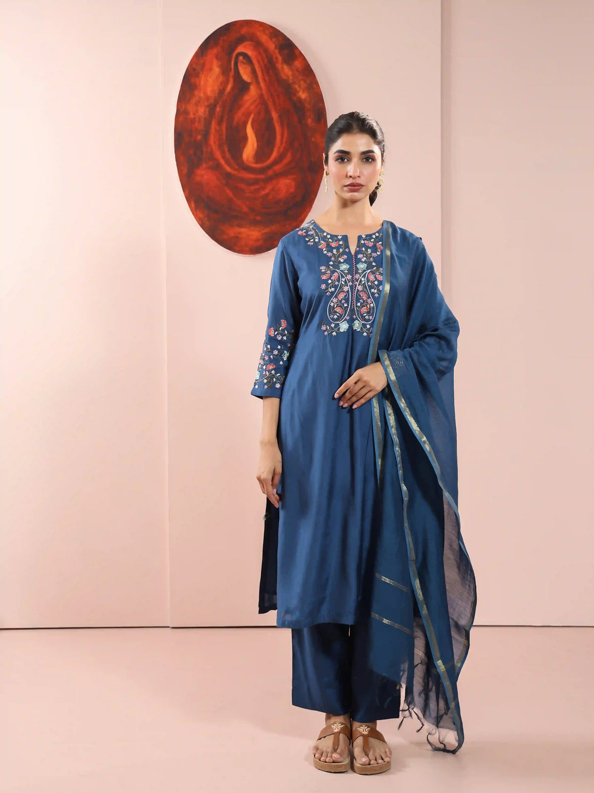 Muslin Silk 3PCS Kurta Pant Set with Embroidery
