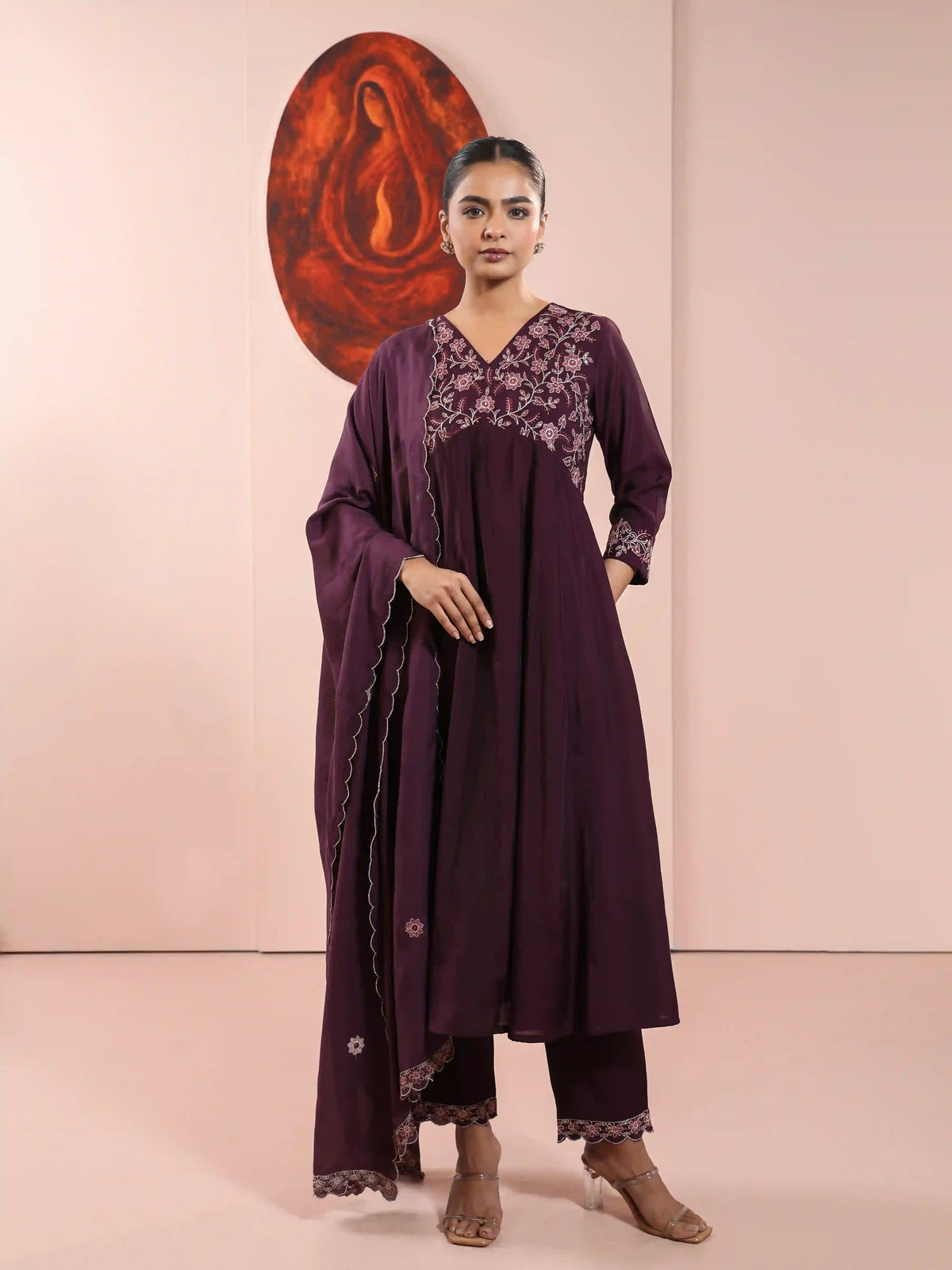CHIKANKARI EMBROIDERED 3PC ALIA CUT KALIDAR KURTA SET