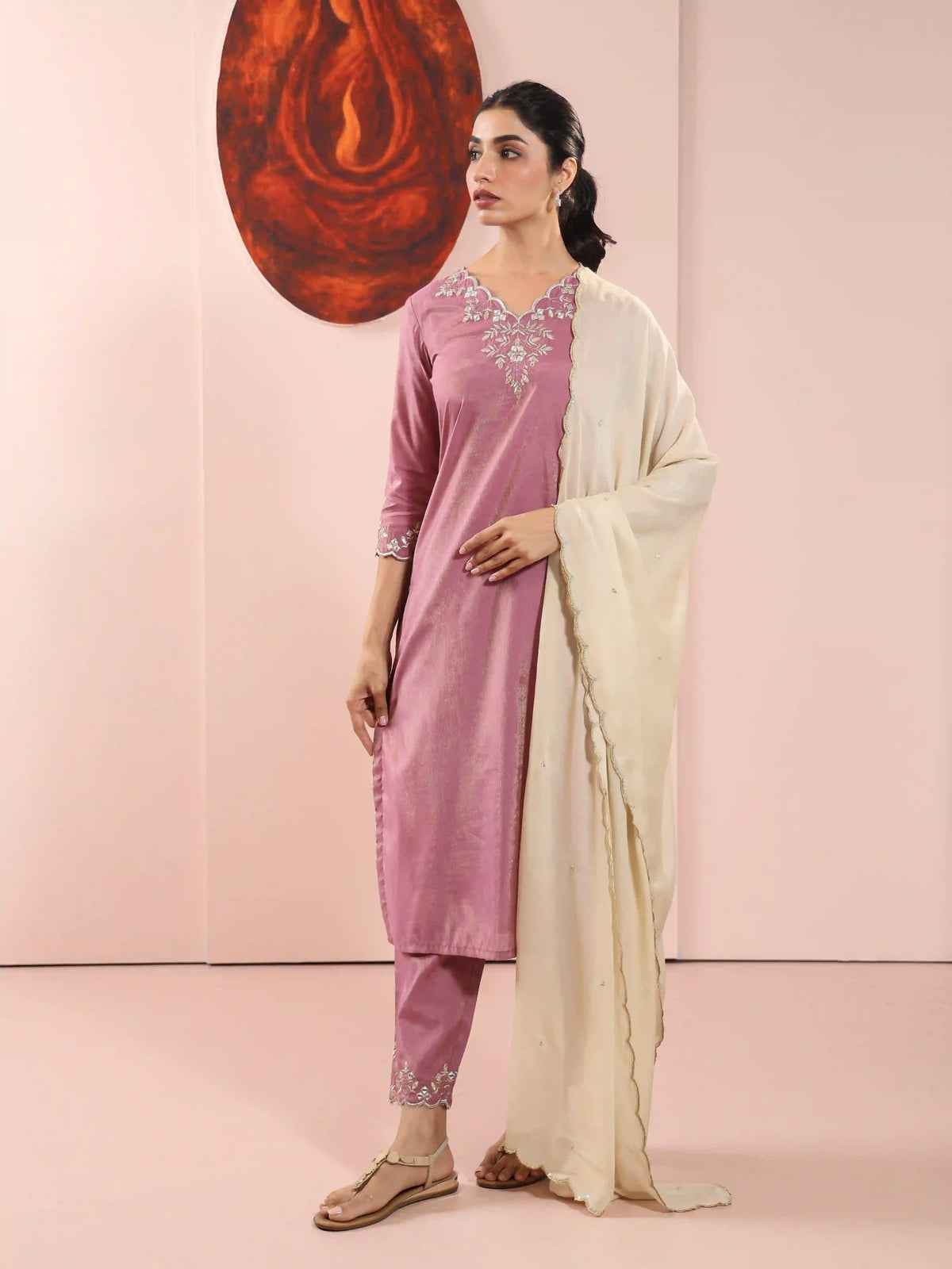 3PC SHIMMER KURTA PANT SET DETAILED WITH GOTA EMBROIDERY