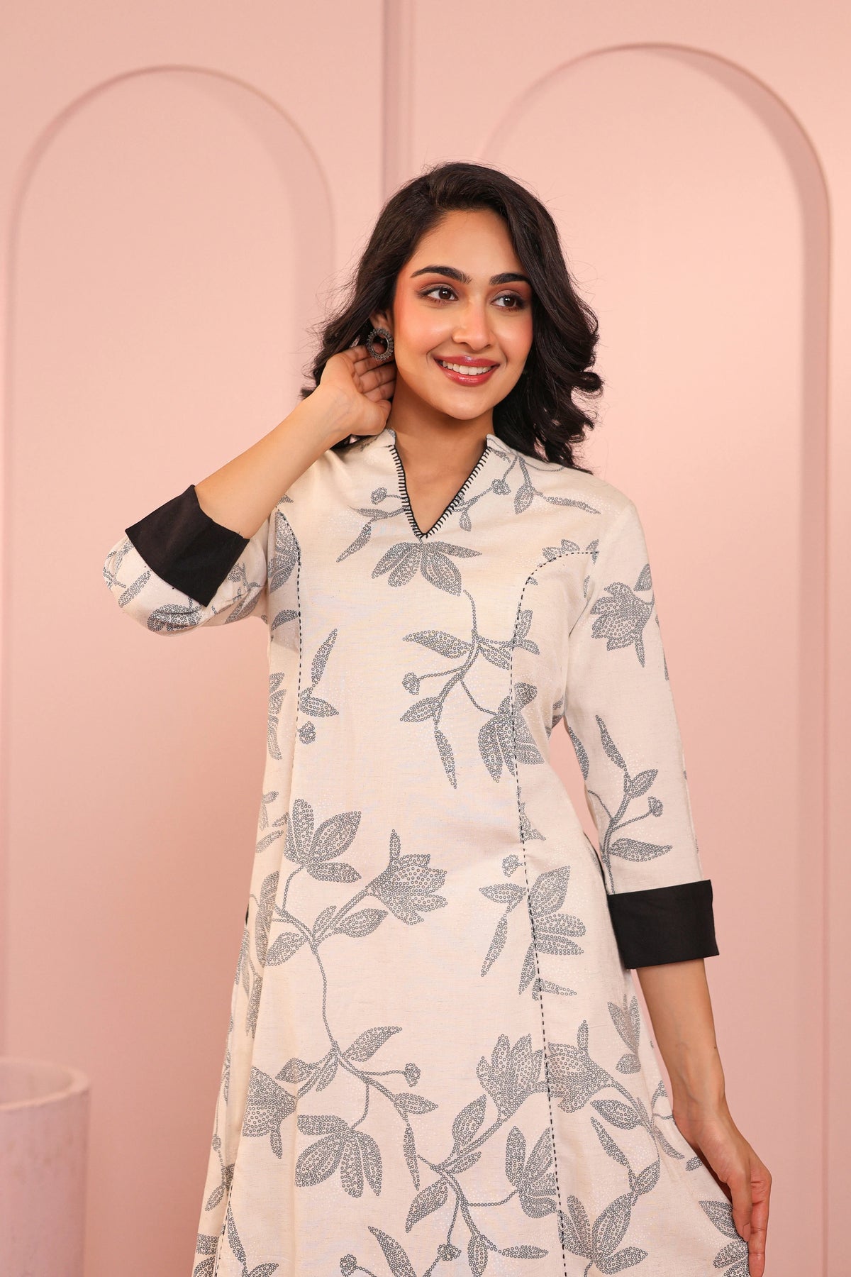 LINEN BLEND KHADI PRINTED FASHION WEAR DRESS EMBELLISHED WITH HAND CRAFT DETAIL