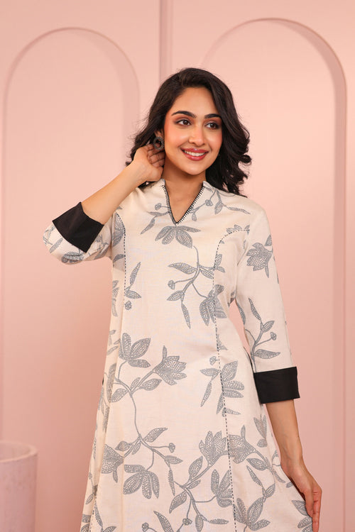 LINEN BLEND KHADI PRINTED FASHION WEAR DRESS EMBELLISHED WITH HAND CRAFT DETAIL