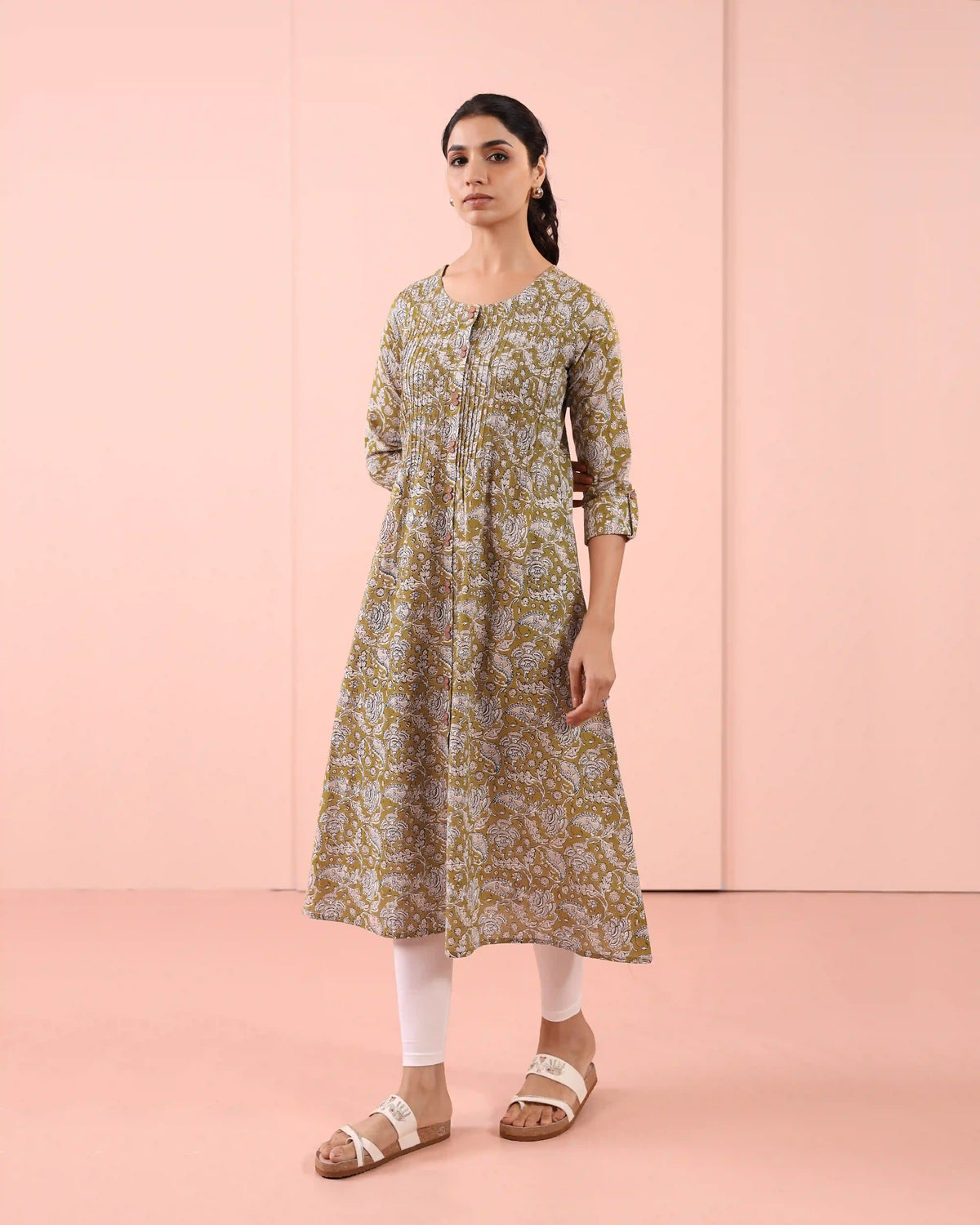 MUL COTTON PINTUCK DETAILED LONG ALINE KURTI