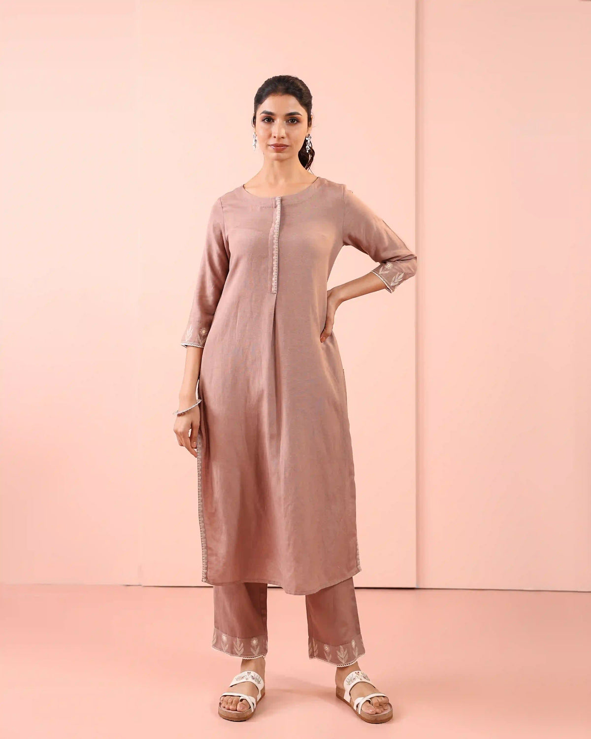 Women Taupe Color linen-blend-2pc-embroidered-kurta-set-with-lace-details