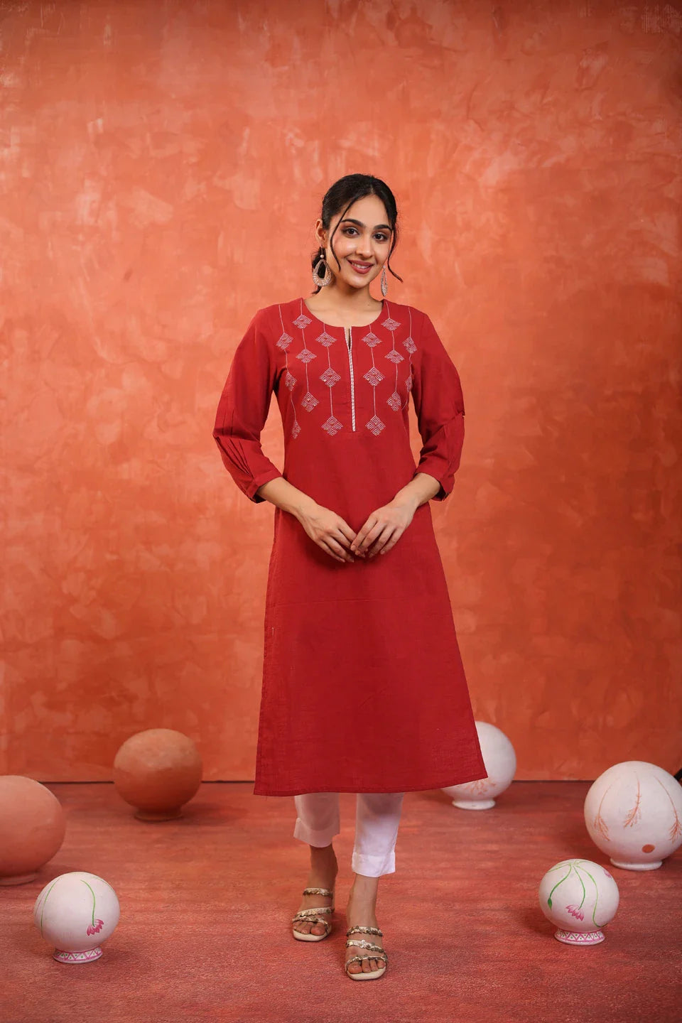 Women Maroon cotton-slub-embroidered-kurti-with-sequence-highlight