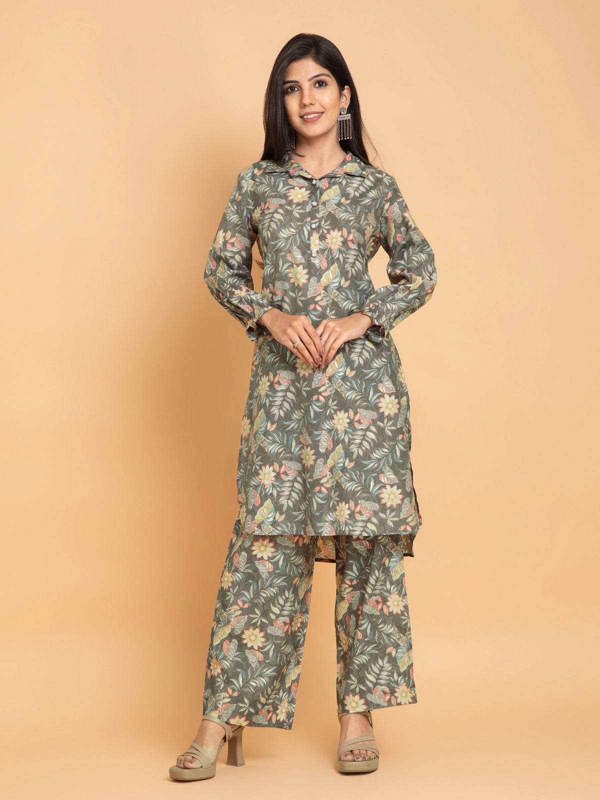 FLORAL PRINTED 2PC CO-ORD SET DETAILED WITH ADDA WORK CRAFT BUTTONS