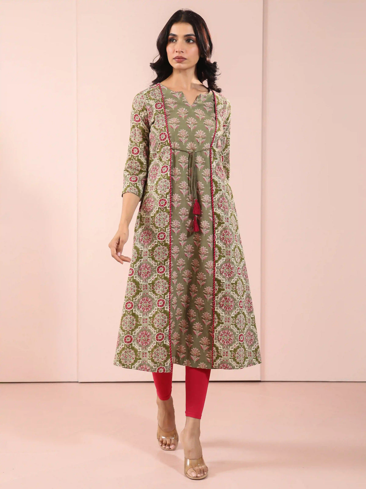 MUL COTTON AJRAK PRINTED SHRUG LOOK KURTI EMBELLISHED WITH ADDA WORK CRAFT