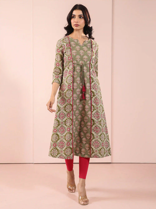 MUL COTTON AJRAK PRINTED SHRUG LOOK KURTI EMBELLISHED WITH ADDA WORK CRAFT