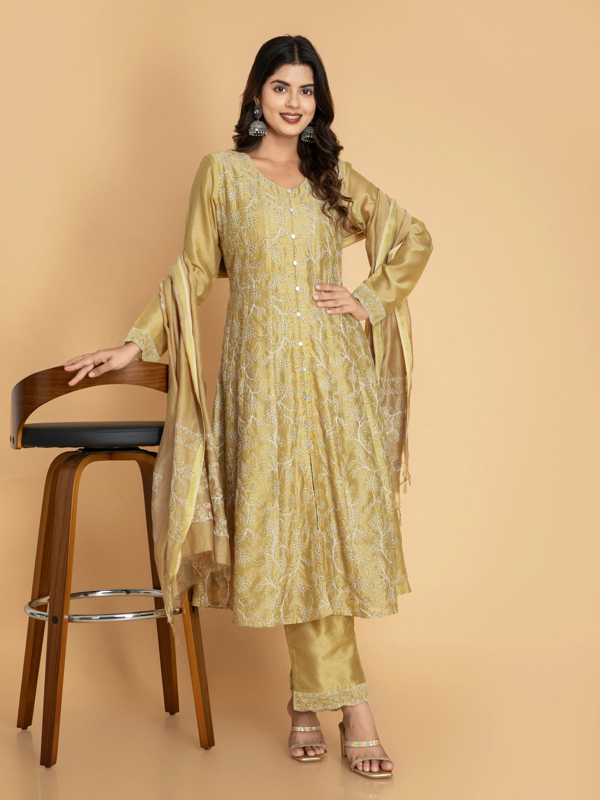 CHIKANKARI EMBROIDERY 3PC KALIDAR CHANDERI SUIT SET