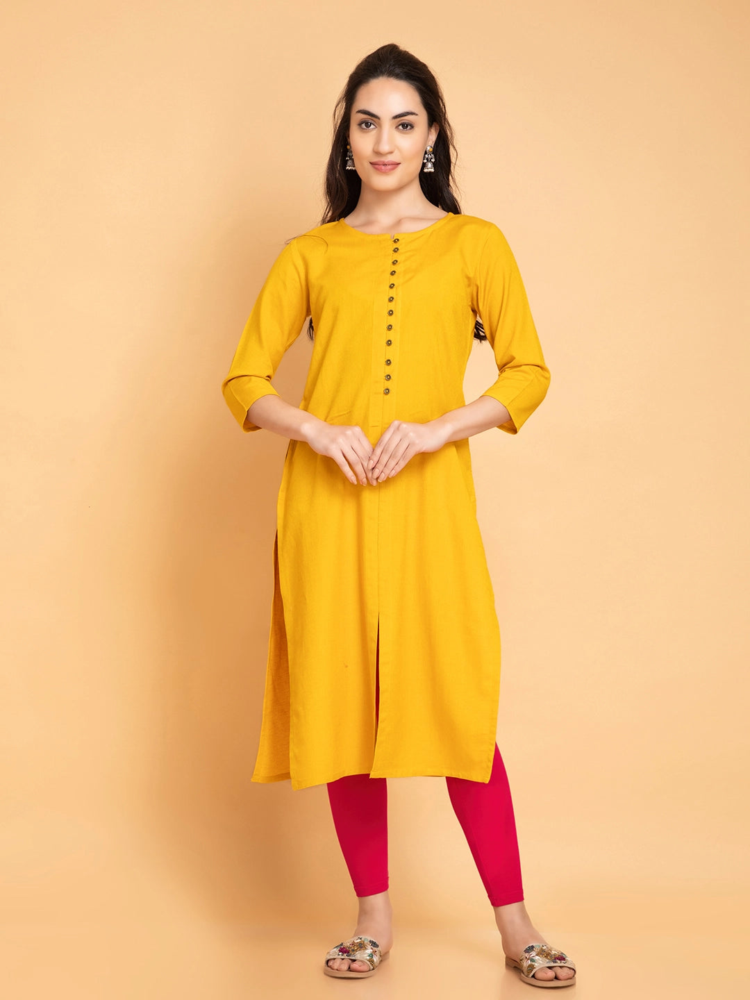 Linen Blend Long Kurti with Metal Buttons