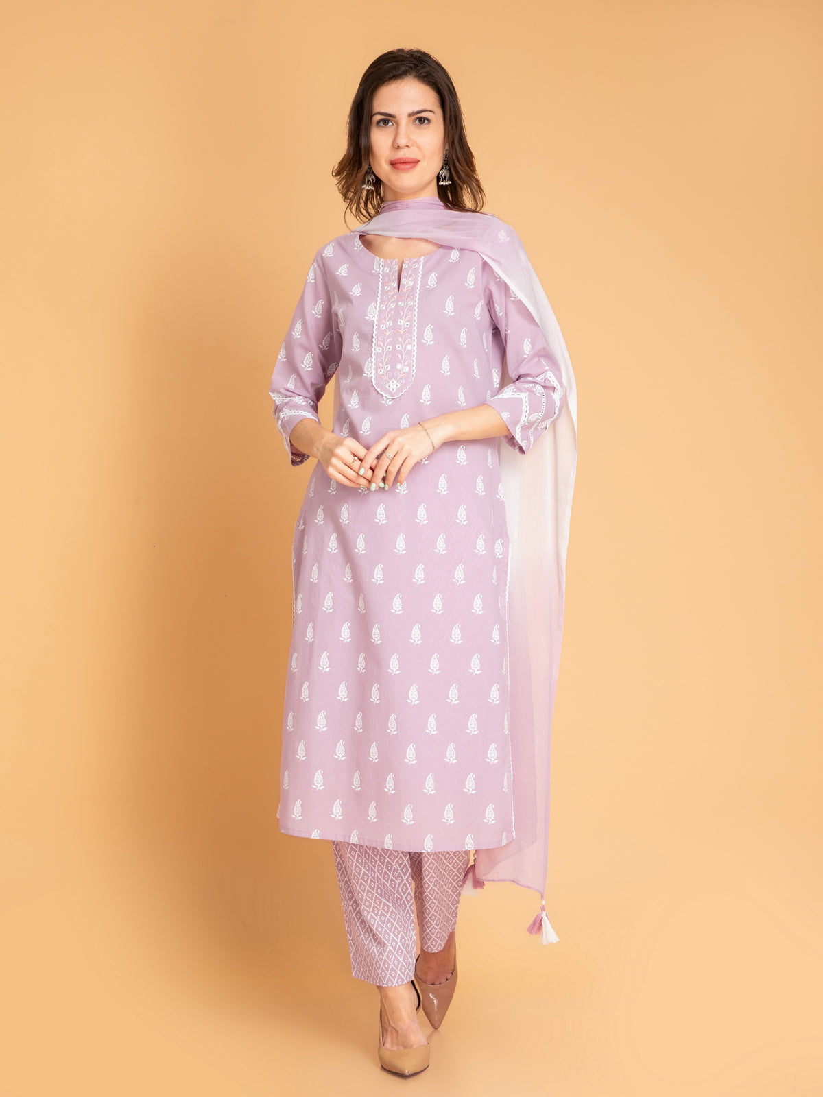 MUL COTTON PRINTED 3PCS. KURTA PANT SET EMBELLISHED WITH EMBROIDERY AND LACE DETAILS.