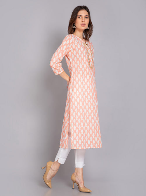 MUL-COTTON PRINTED KURTI WITH GOTA EMBROIDERY & LACE WITH EMBELLISHED DETAILS