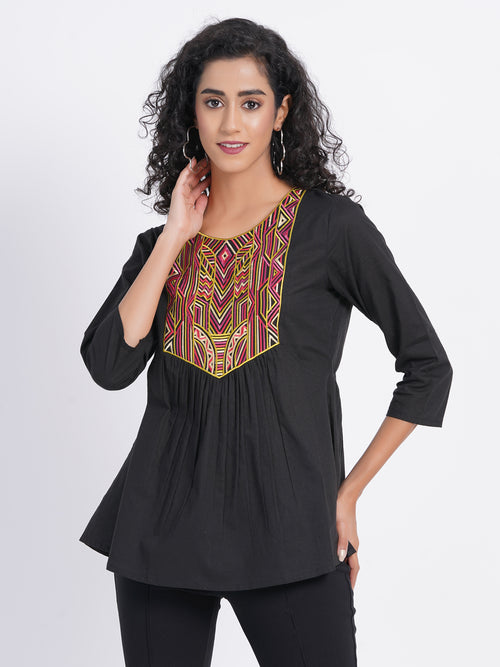 Flared Short Top with Multicolor Geometric Embroidery on Yoke