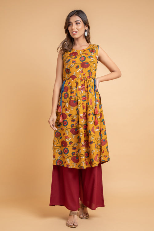 Floral Printed Rayon Kurta with Handcraft Details