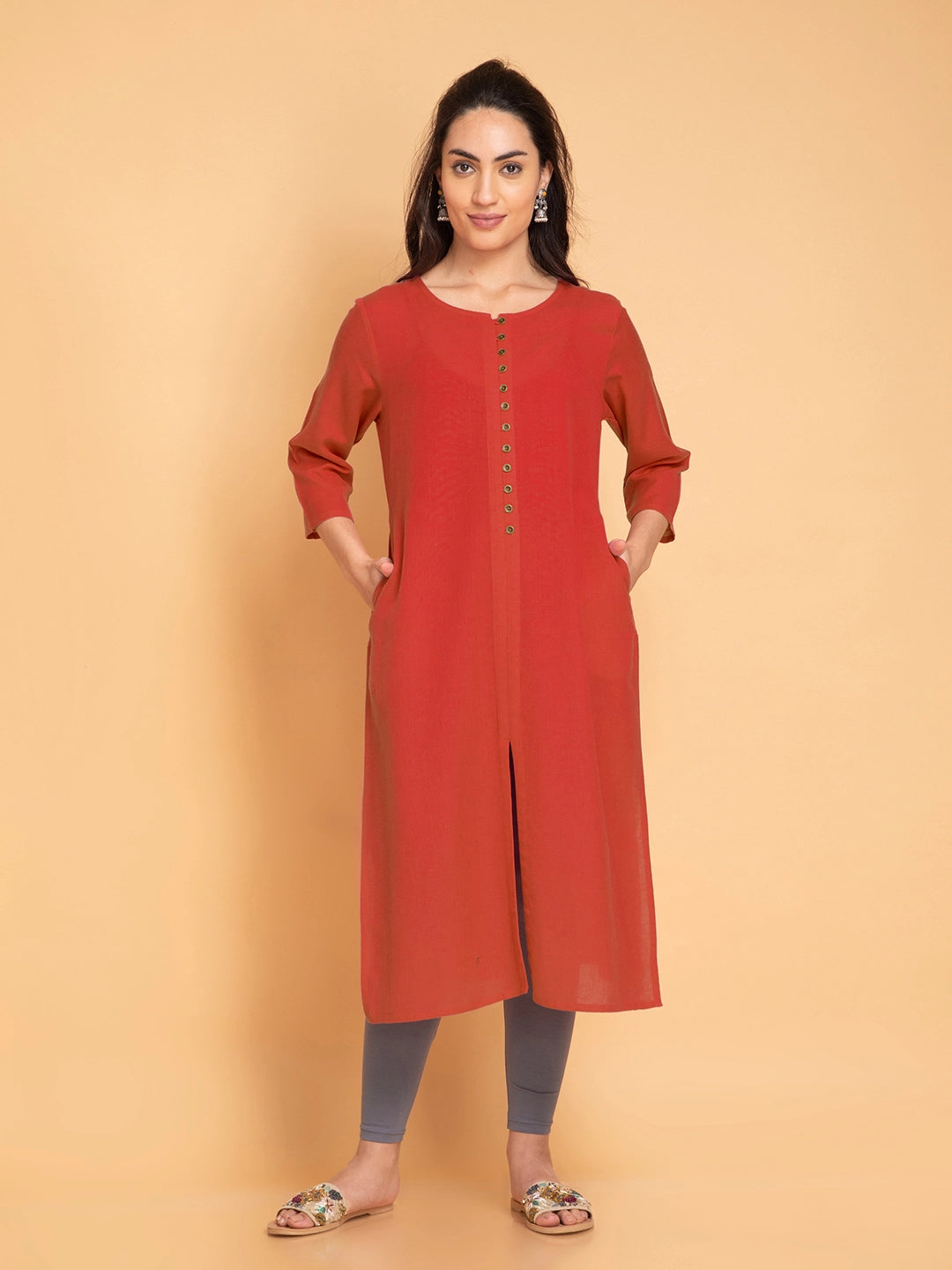 Linen Blend Long Kurti with Metal Buttons