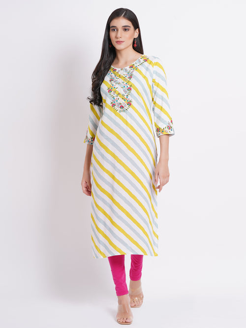 EMBROIDERED LEHARIYA KURTI EMBELISHED WITH CRAFT BUTTONS