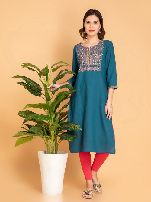 Linen Blend Embroidered Long Kurti