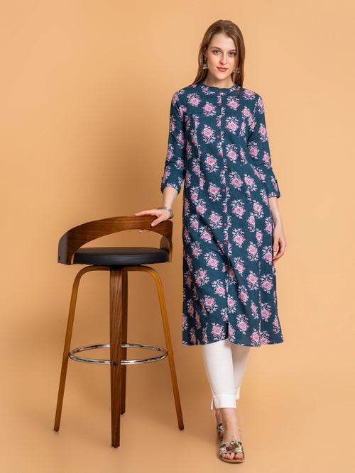 FLORAL PRINTED A-LINE KURTI EMBELLISHED WITH BUTTON DETAILS