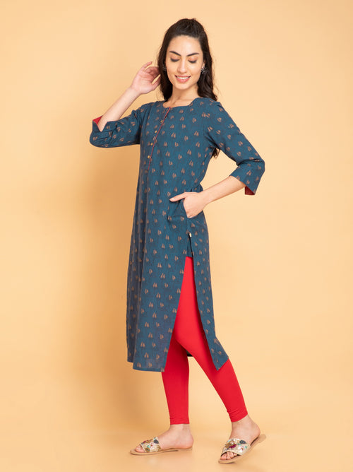 Printed Long Kurti with Fabric Trims