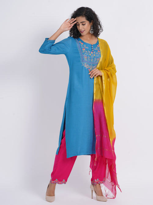 3PCS.KURTA EMBELLISHED WITH BEAUTIFUL EMB.PAIRED WITH OMBREY DUPATTA