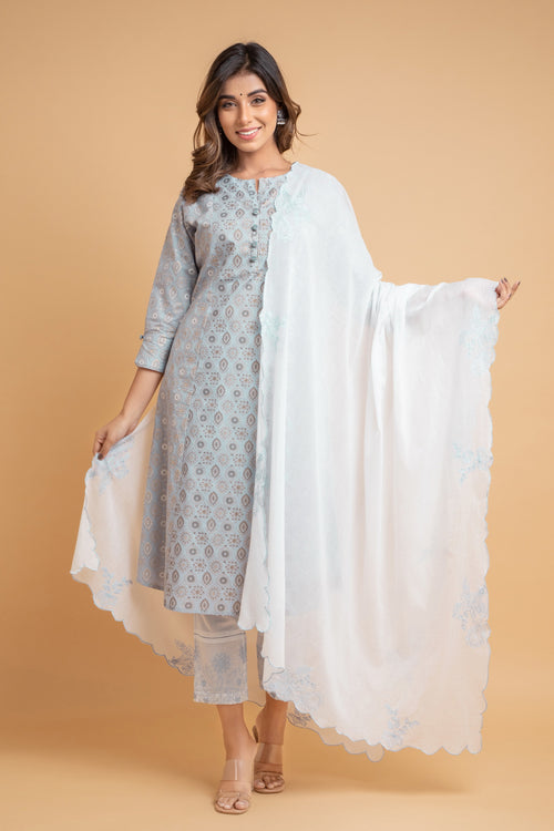 Printed 3Pc Kurta Set with Straight Pants & Embroidered Dupatta