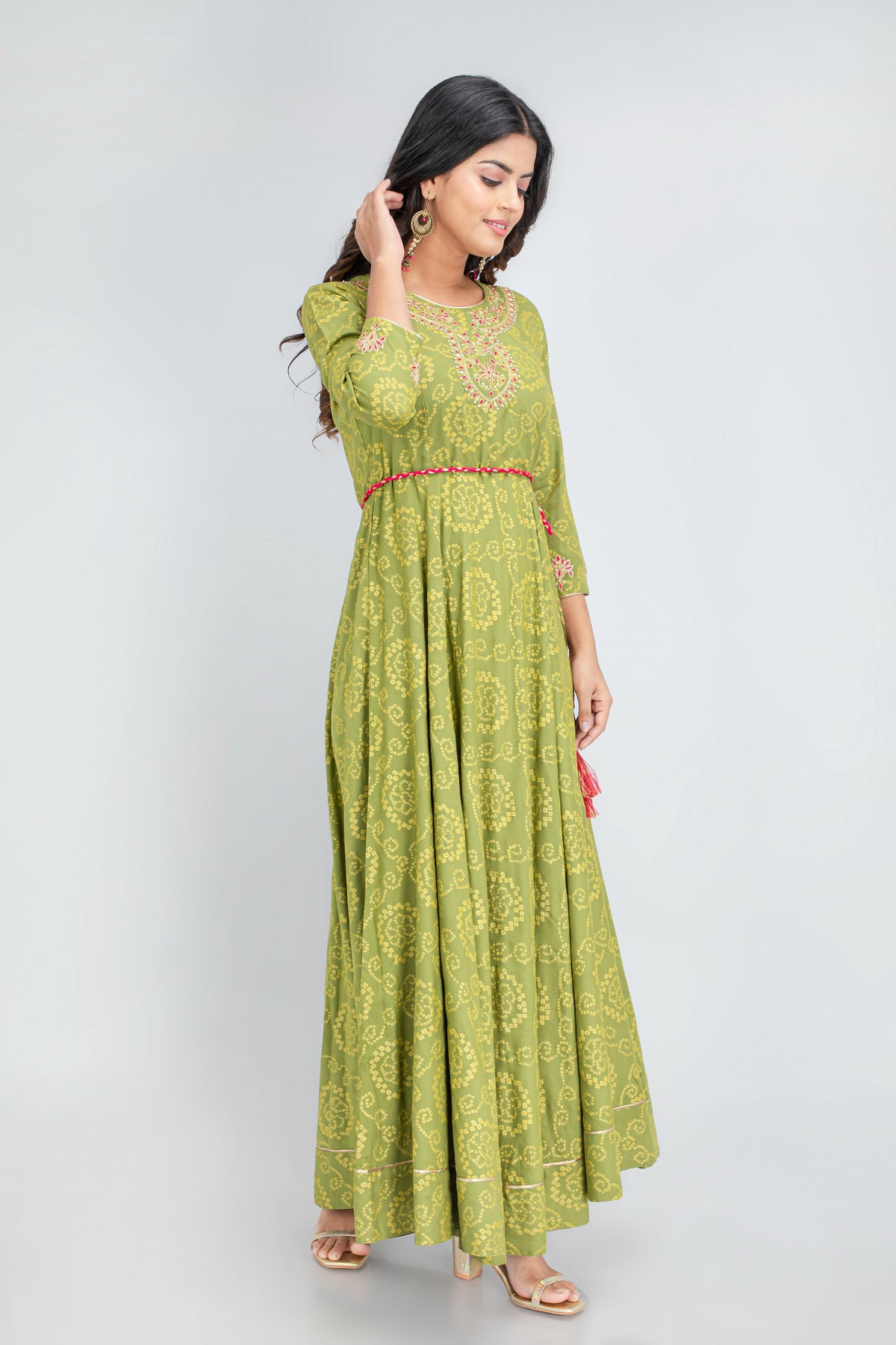 Hand Embellished Bandhej Printed Floor-Length Dress