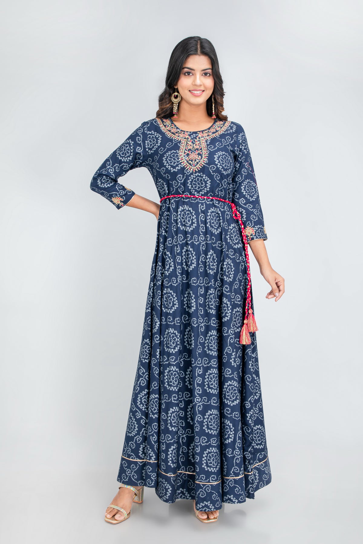 Hand Embellished Bandhej Printed Floor-Length Dress