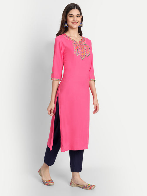 SUTI WOMEN RAYON EMBROIDERED MIRROR WORK STRAIGHT LONG KURTI