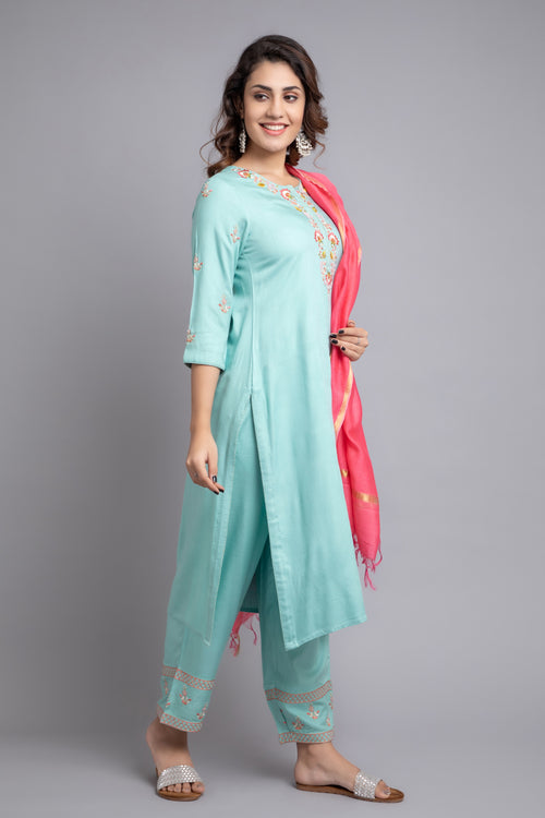 SOLID EMBROIDERED STRAIGHT KURTA AND PANT SET WITH DUPATTA