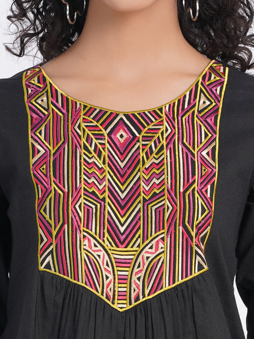 Flared Short Top with Multicolor Geometric Embroidery on Yoke