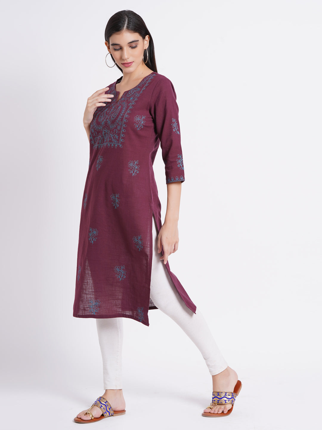 Cotton Slub Embroidered Long Kurti