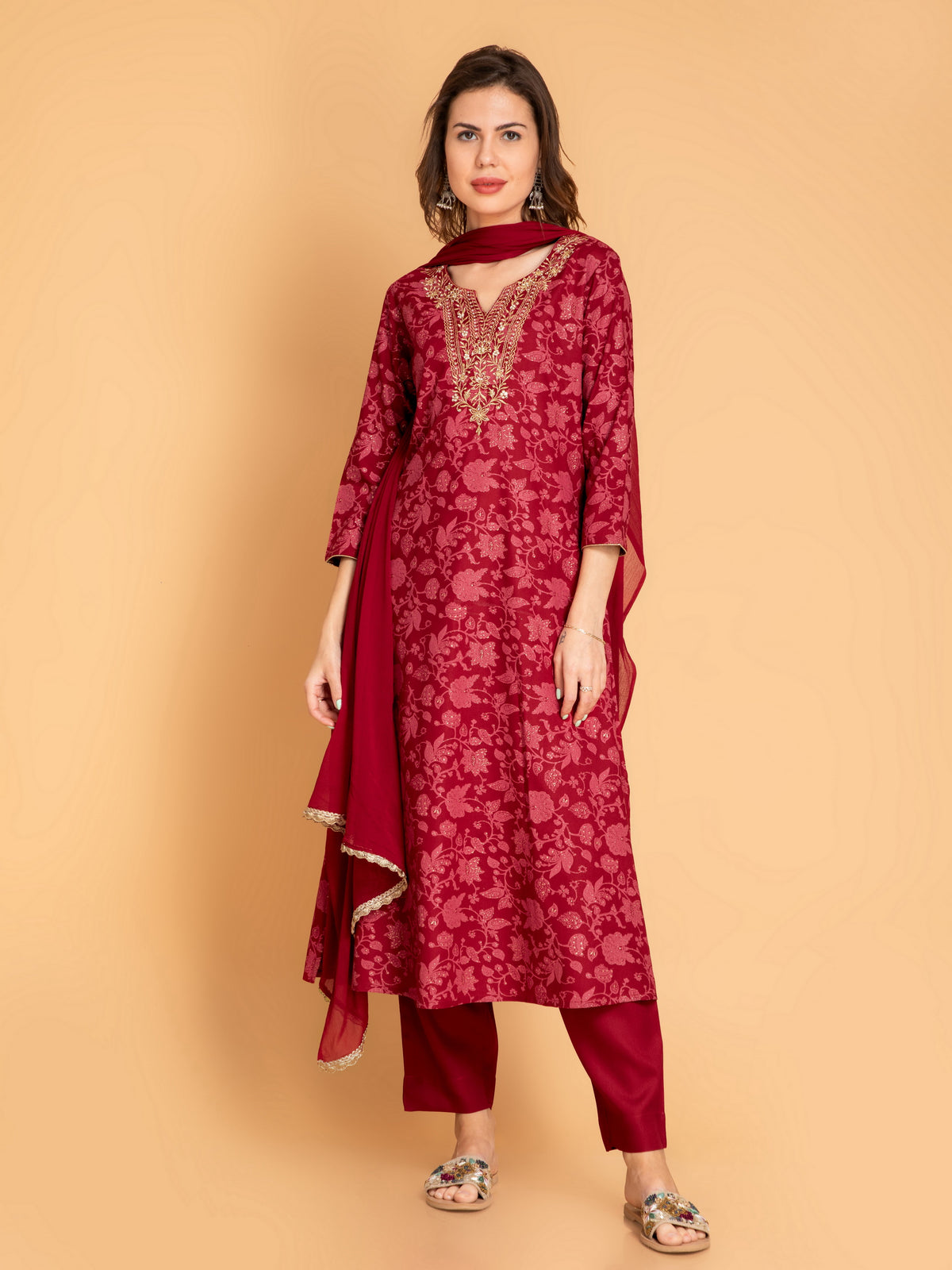 A-Line Gold Printed 3-Piece Kurta Set with Zari Embroidery