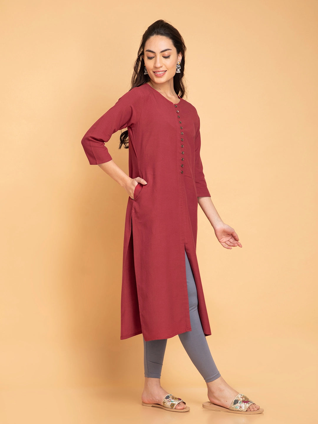 Linen Blend Long Kurti with Metal Buttons