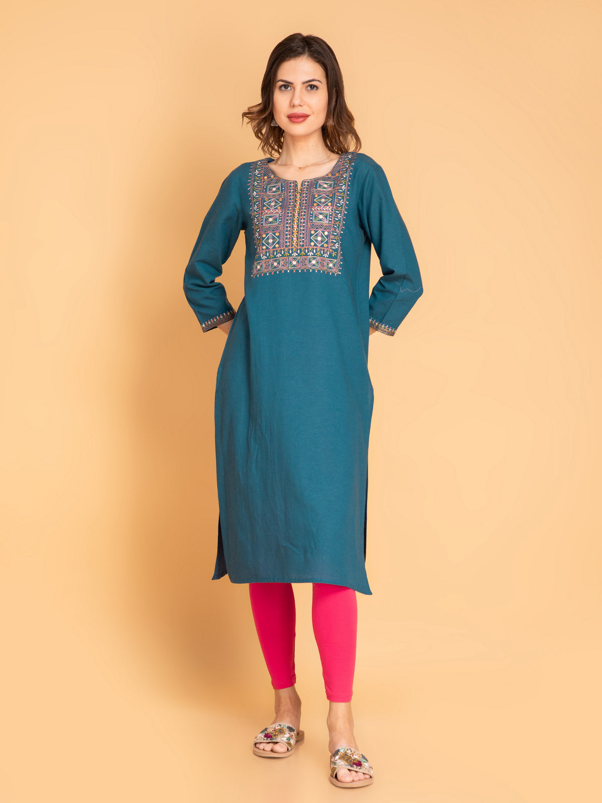 Linen Blend Embroidered Long Kurti