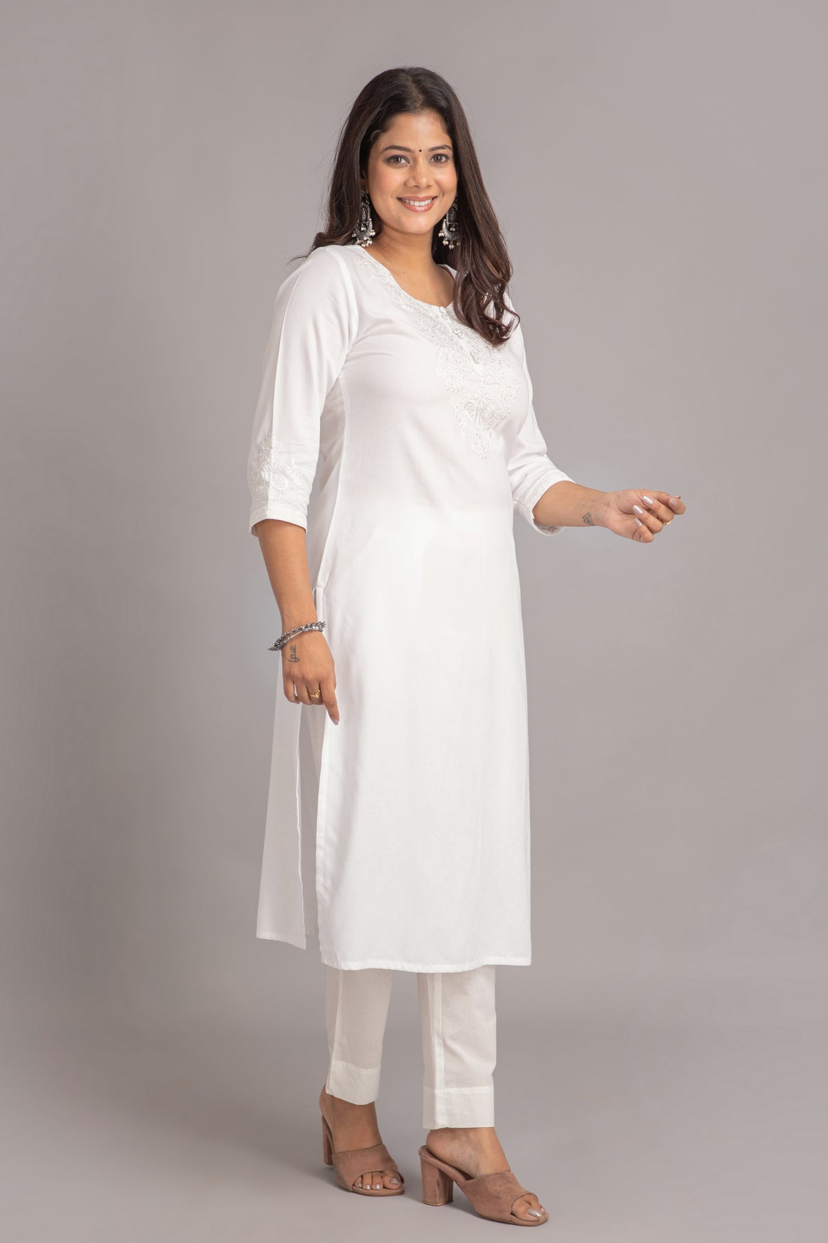 Chikankari Embroidered Rayon Long Kurti with Craft Buttons