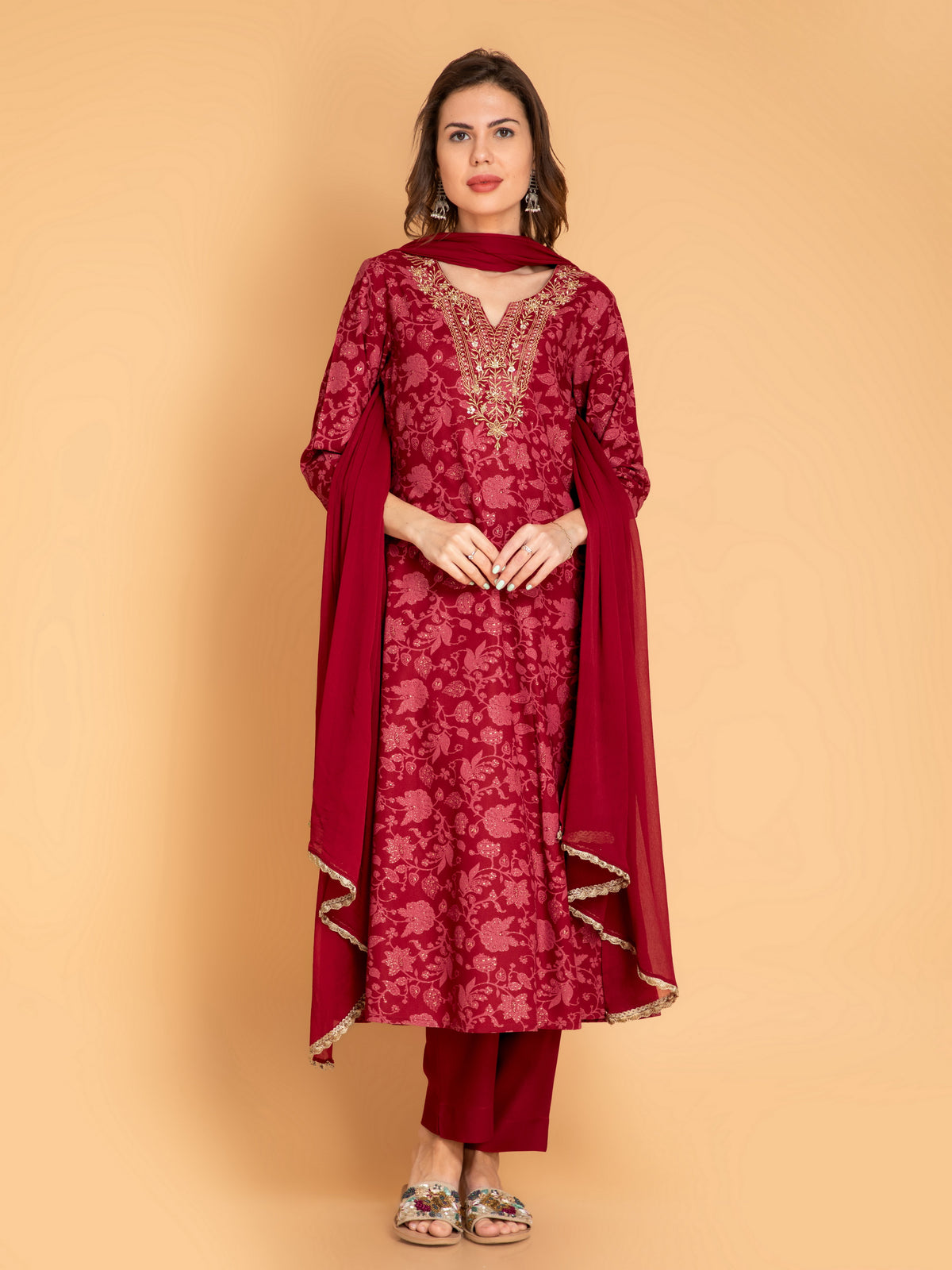 A-Line Gold Printed 3-Piece Kurta Set with Zari Embroidery