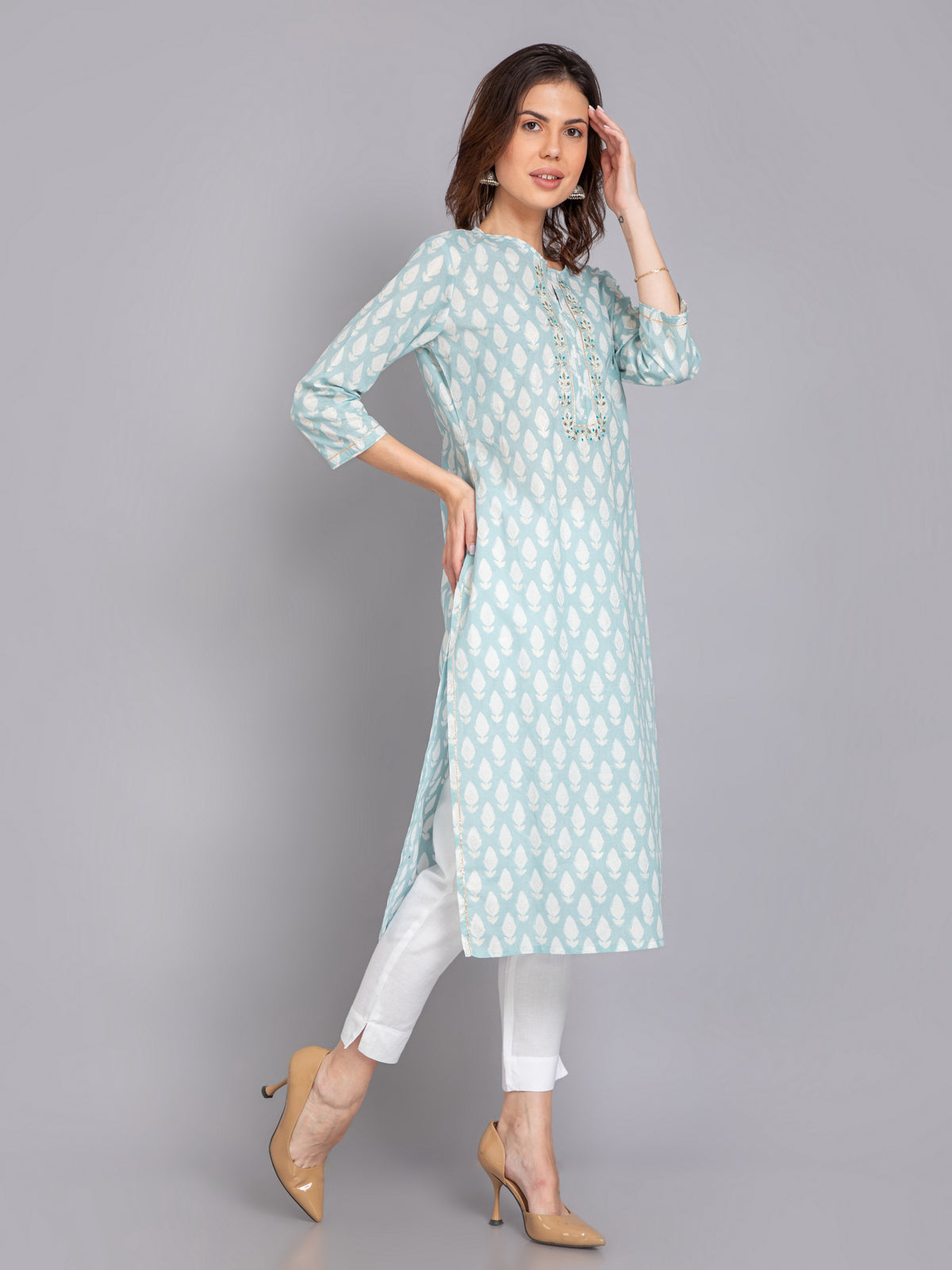 MUL-COTTON PRINTED KURTI WITH GOTA EMBROIDERY & LACE WITH EMBELLISHED DETAILS