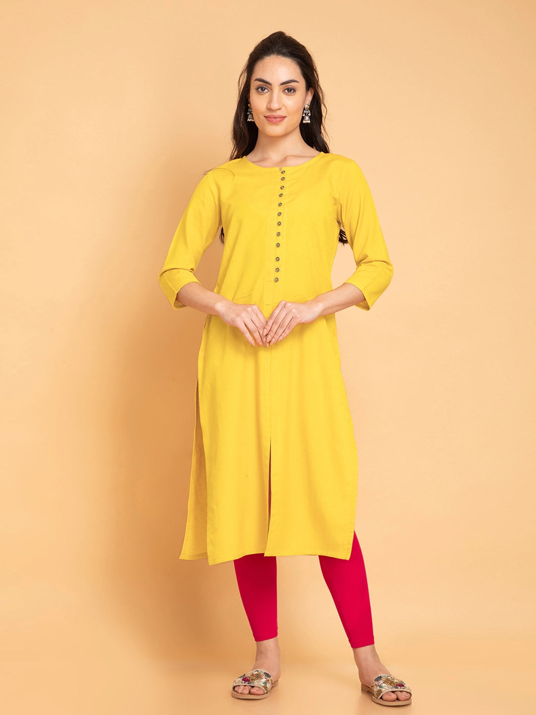 Linen Blend Long Kurti with Metal Buttons