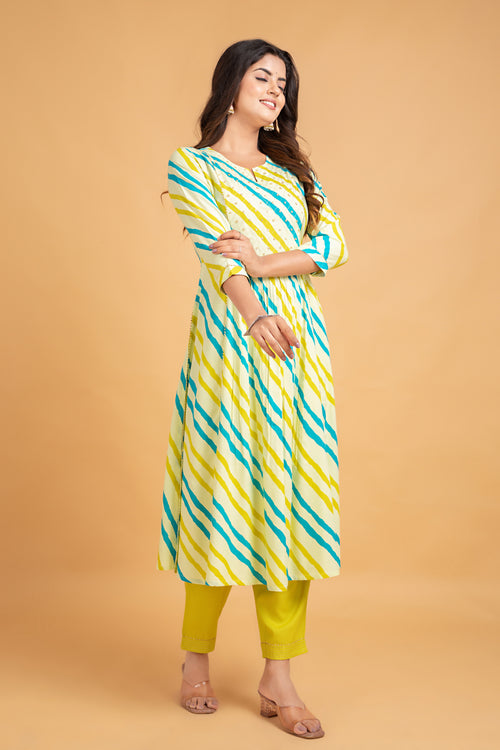 Lehariya Printed Flared Long Kurti with Pant