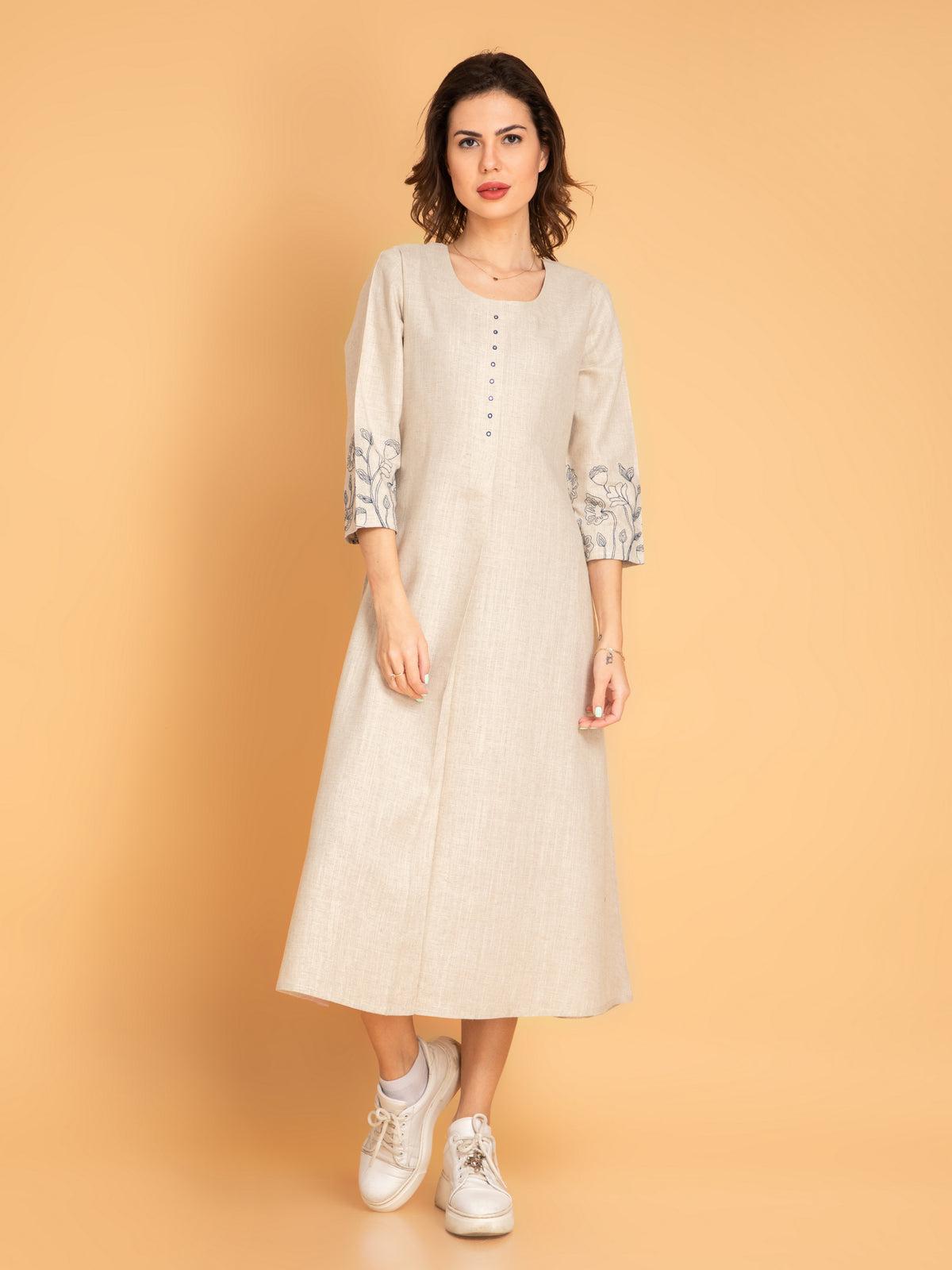 Suti Women Rayon Linen Dress Tunic with Embroidered Sleeves