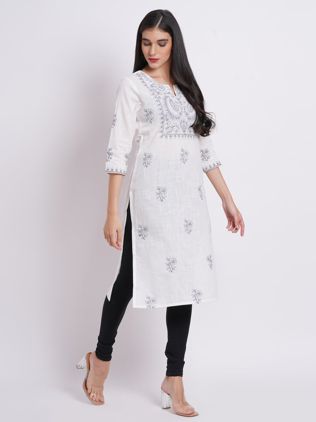 Cotton Slub Embroidered Long Kurti