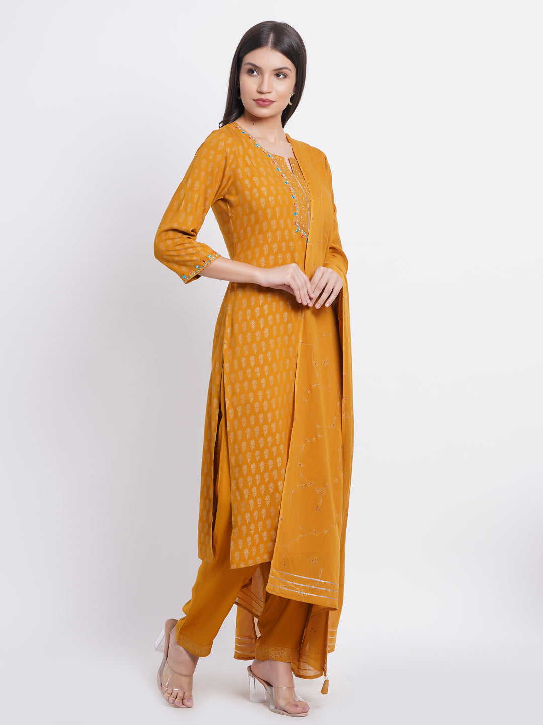 Gold Print Kurti with Handcrafted Embellishments