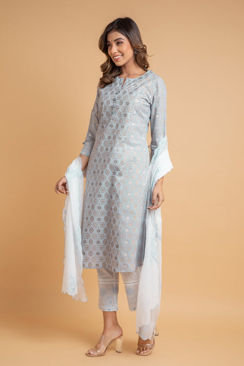 Printed 3Pc Kurta Set with Straight Pants & Embroidered Dupatta